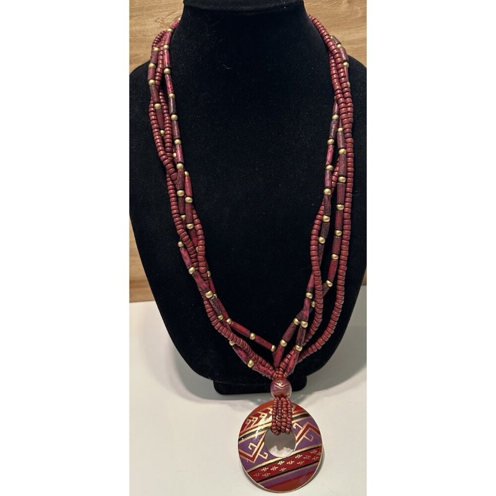 Boho Tribal Wooden Beaded Necklace Statement Pendant Long